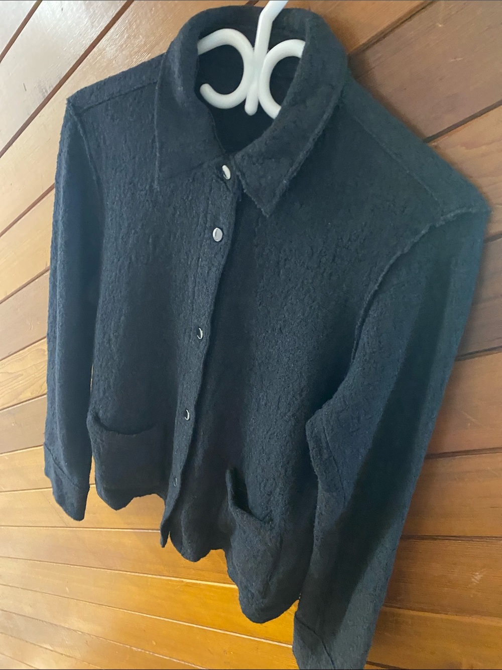 Casual Black Bouclé Shirt Jacket with Patch Pockets